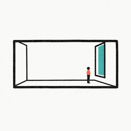 A film frame with a small figure in profile by a window, standing for the framings that hold.