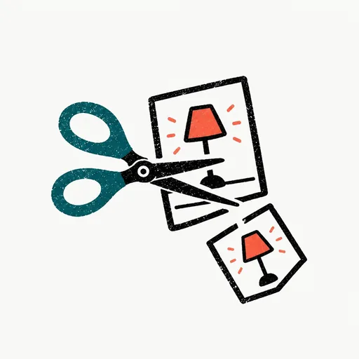 Scissors cutting a lit lamp out of a picture card, standing for editing the reference.