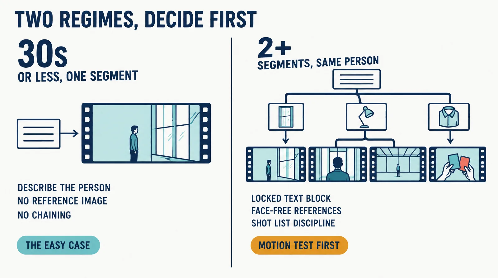 Two-panel decision chart: thirty seconds or less in one segment means describe the person with no reference; two or more segments means a locked text block, face-free references and shot list discipline.