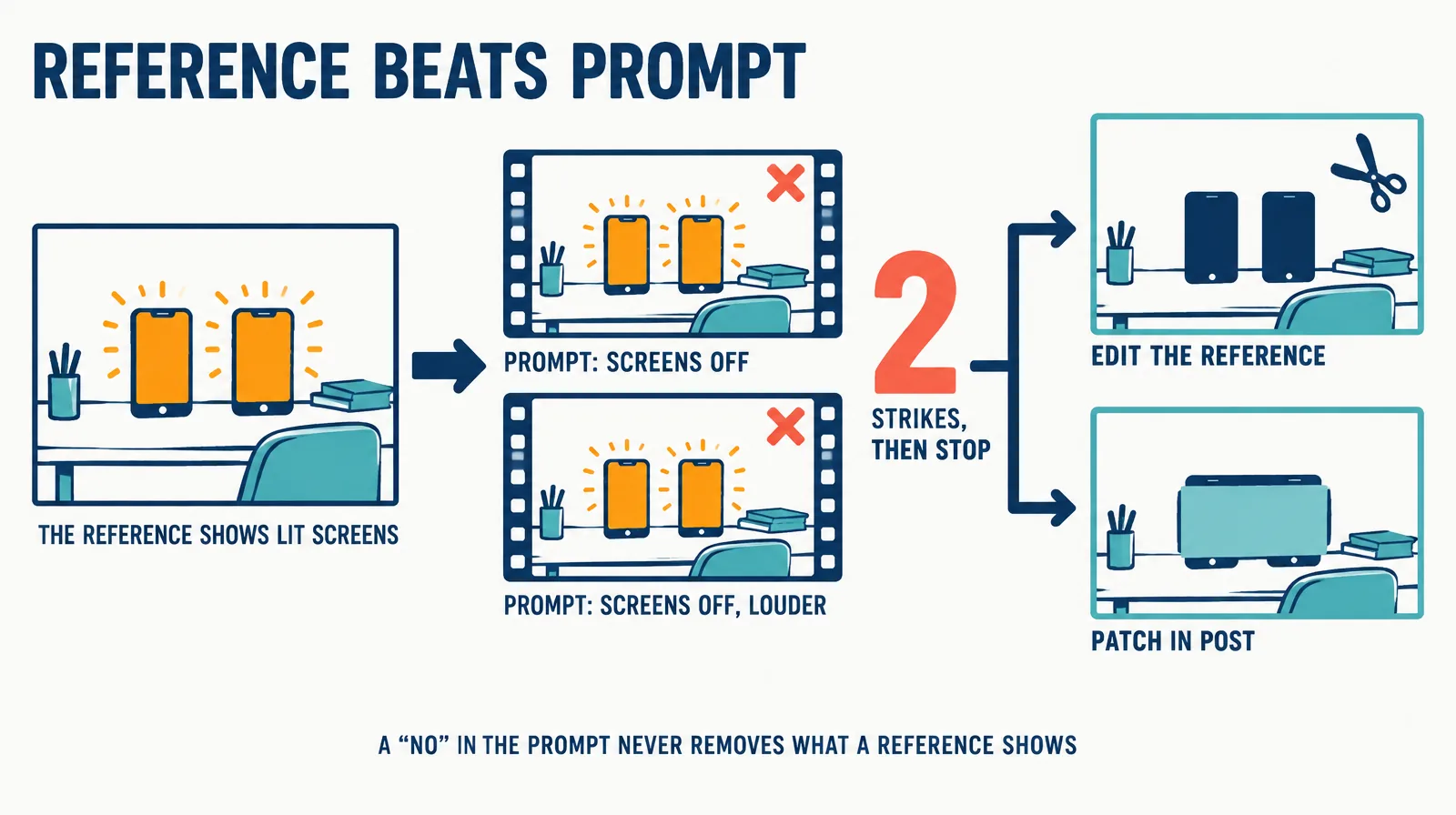 Flow diagram: a reference card with two lit phone screens, two generated frames still showing lit screens despite prompts saying screens off, then two fixes, edit the reference or patch in post.