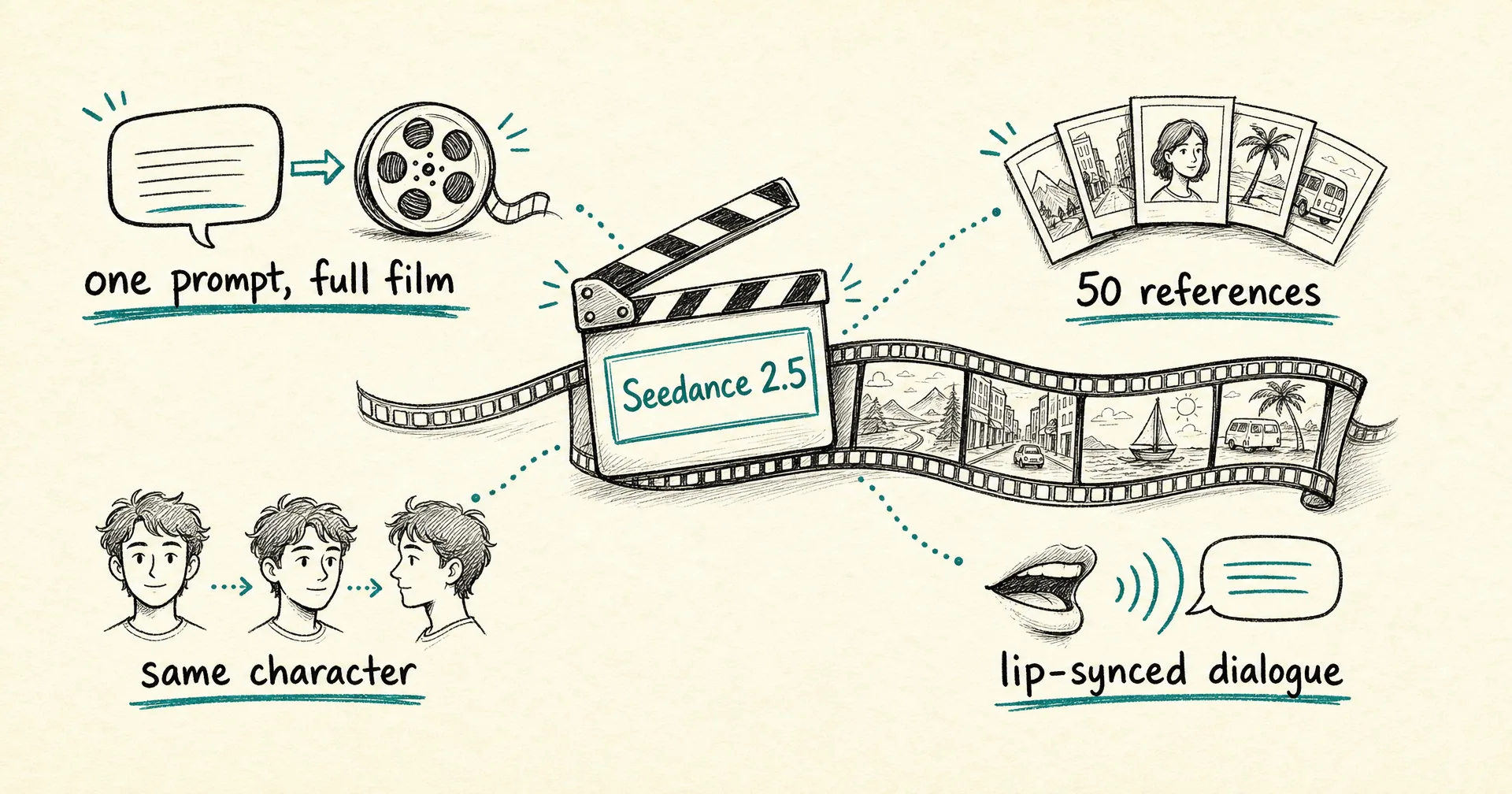 Hand-drawn clapperboard and film strip labeled Seedance 2.5 with doodles for full films from one prompt, 50 reference files, consistent characters, and lip-synced dialogue