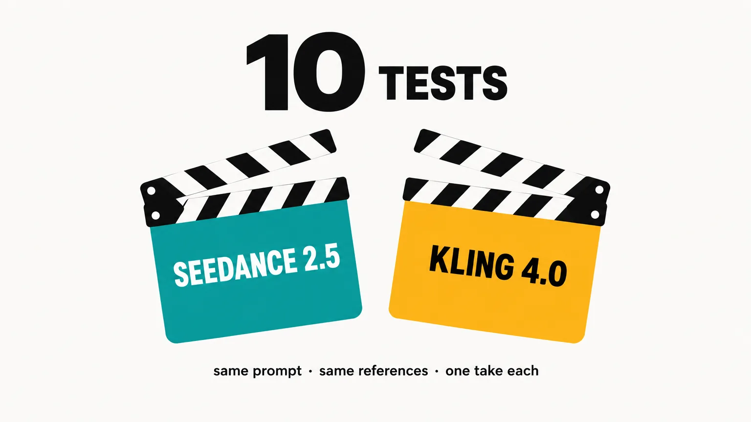 Editorial illustration on off-white paper: a teal clapperboard labeled Seedance 2.5 facing an amber clapperboard labeled Kling 4.0 under a huge number 10 and the word tests, with the line same prompt, same references, one take each.