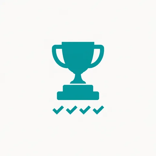 A teal trophy on a podium above a row of check marks.