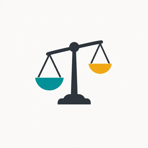 A balance scale tipped slightly toward a teal pan.