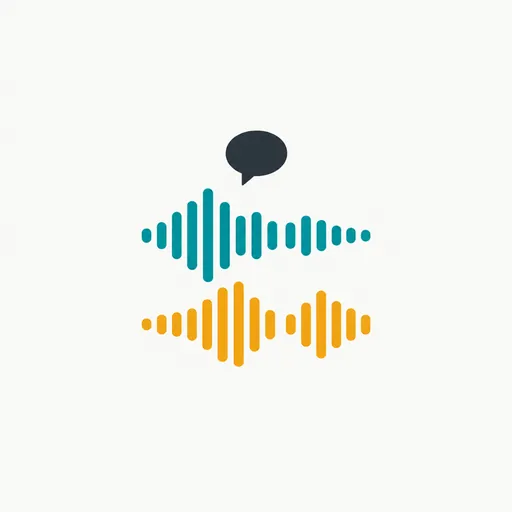 Two different sound waveforms, teal above amber, under a speech bubble.