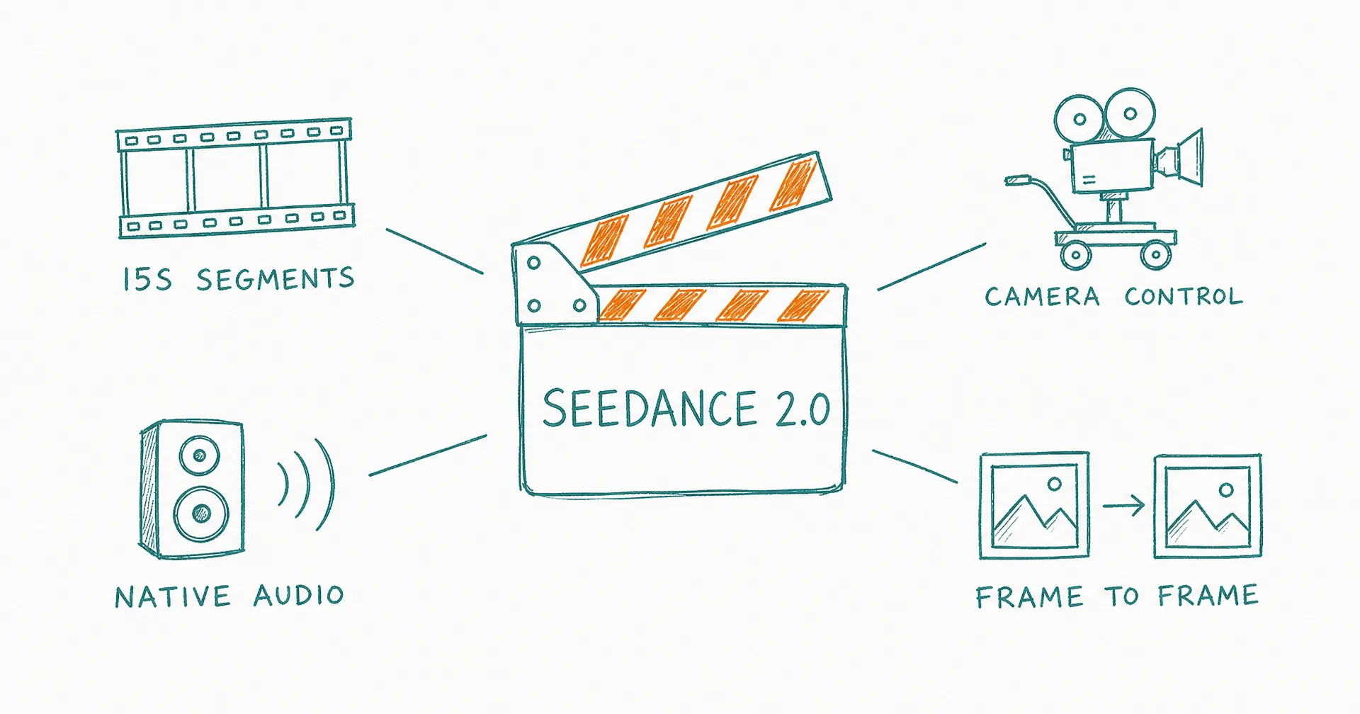 Hand-drawn clapperboard labeled Seedance 2.0 surrounded by doodles for 15-second segments, camera control, native audio, and frame-to-frame transitions