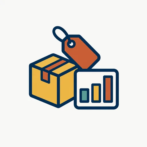 A box, a tag and a bar chart: products, discounts and analytics.