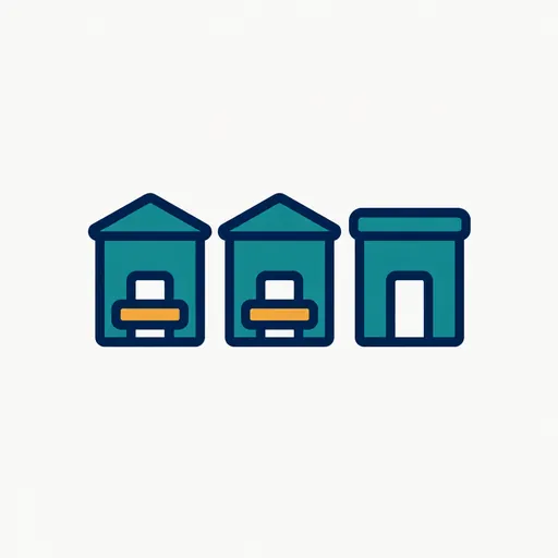 Three small buildings, two with a gate: other agencies.