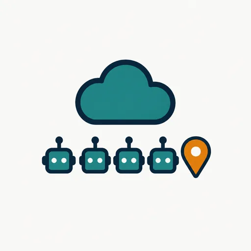 A cloud with small robots and a map pin: the fleet.