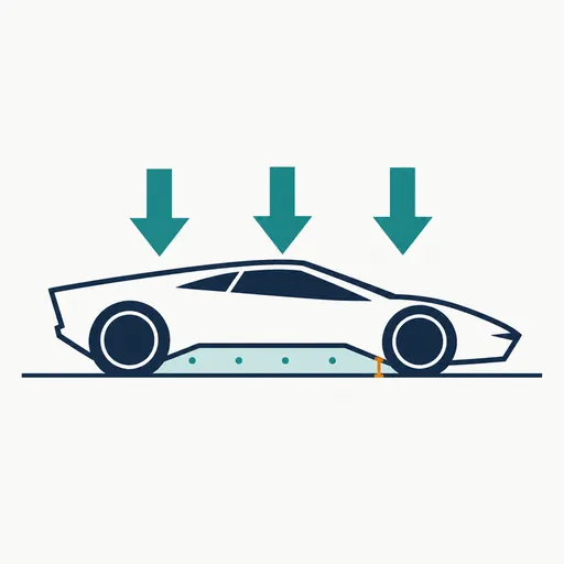 A low sports car pressed onto a road by three teal arrows, the space under its floor shaded with a few dots.