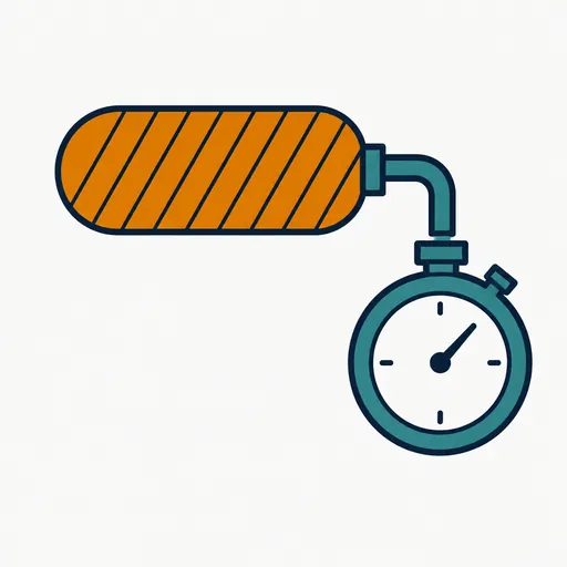 An amber carbon-wrapped tank draining through a pipe into a teal stopwatch.