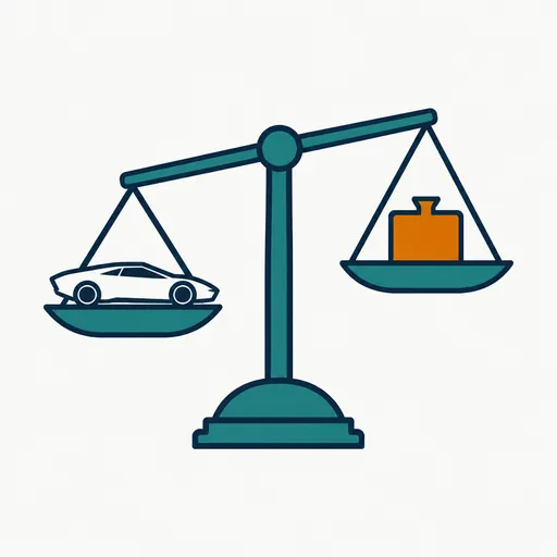 A balance scale with a small sports car on one pan and an amber weight on the other.