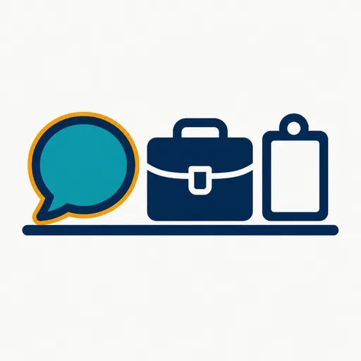 A speech bubble, a briefcase and a badge on a shelf.