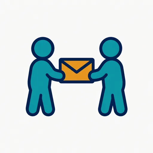 Two assistant figures handing an envelope between them.
