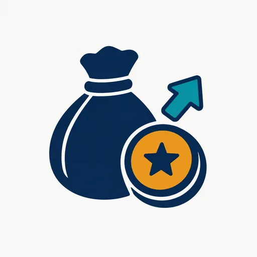 A money bag with a large coin and an upward arrow.