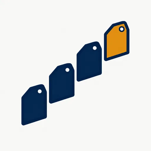 A staircase of four price tags, the top one amber.