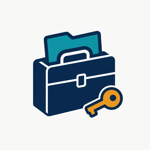 A briefcase with a folder sticking out and a key beside it.
