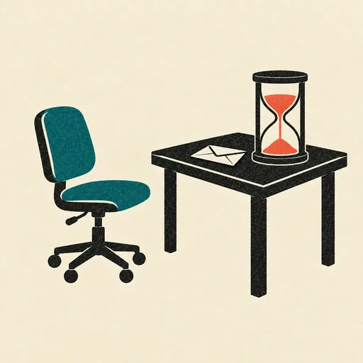 An empty desk with a resignation letter, a chair pushed back, an hourglass still running: he left before his equity vested.