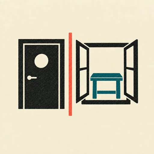 A closed lab door beside an open workshop window: recursion inside the lab, recursion in the open.