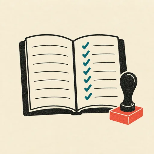 An open ledger with a column of check marks: 70 rules, 203 working sessions, a record that remains.