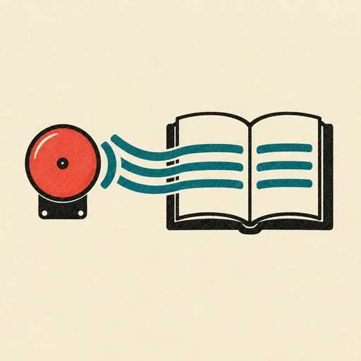 A bell whose sound becomes lines in an open book: the alarm becomes training data for the next models.