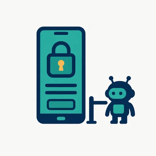 A phone with a padlock on its login screen and a robot held back by a rail.