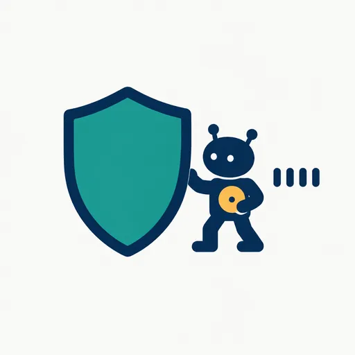 A shield stopping a robot that carries a coin, with tally marks.