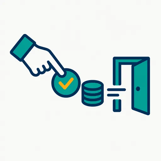 A hand pressing an approve button before coins go through a door.