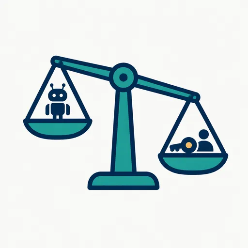 A balance scale with a robot on one side and a person with a key on the other.