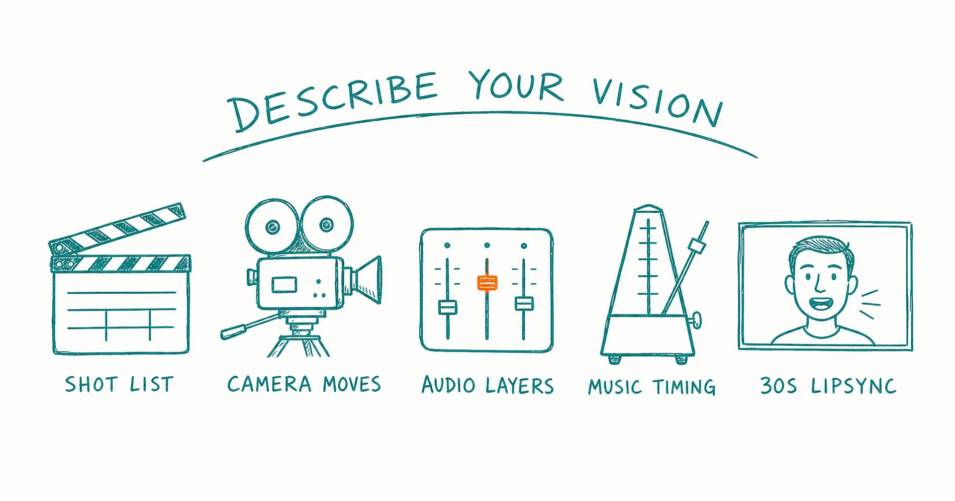 Hand-drawn workbench of director's tools: shot list clapperboard, camera moves, audio layer mixer, music timing metronome, and 30-second lipsync