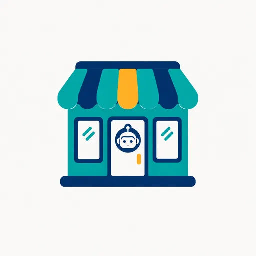 A small storefront with a robot badge on its door.