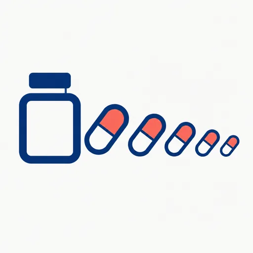 A medicine bottle beside capsules that get smaller step by step.