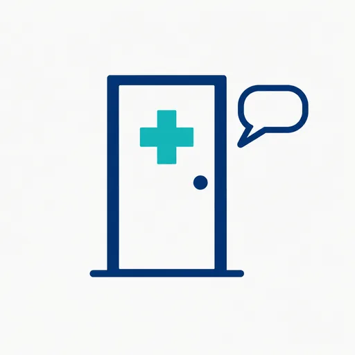 A closed door with a medical cross beside a chat bubble.