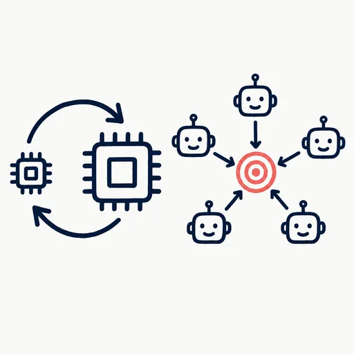 Two hand-drawn triggers: a loop of arrows feeding a chip into a larger chip, and a cluster of small robots pointing at one target.