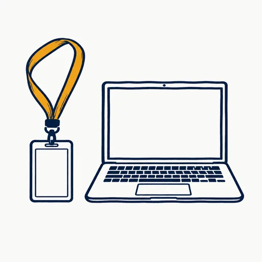 A hand-drawn lanyard badge and a laptop side by side on a plain plate.