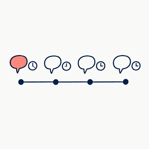Four hand-drawn speech bubbles in a row along a horizontal timeline, each with a small clock face beside it.