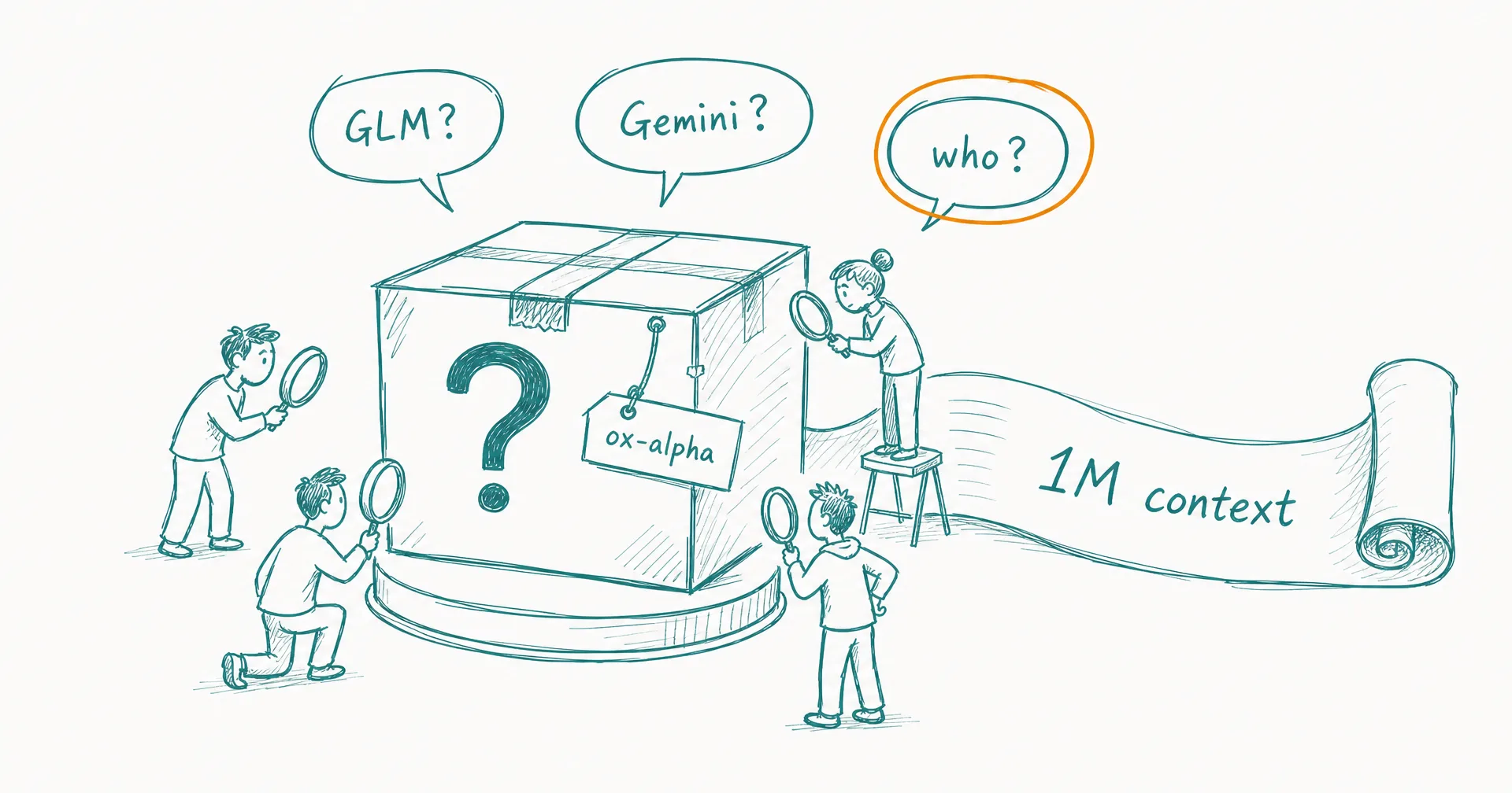 Hand-drawn sketch of developers with magnifying glasses examining a mystery box tagged ox-alpha, with speech bubbles guessing GLM, Gemini, and who, and a scroll labeled 1M context