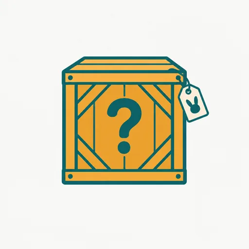 A sealed shipping crate with a question mark and a tag carrying a small rabbit-ear mark: a model with no named maker.