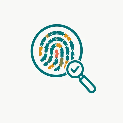 A magnifying glass with a check mark over a fingerprint made of token blocks: tokenizer fingerprinting.