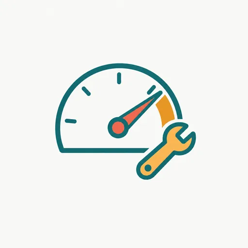 A speedometer with its needle far right beside a wrench: fast inference for coding.