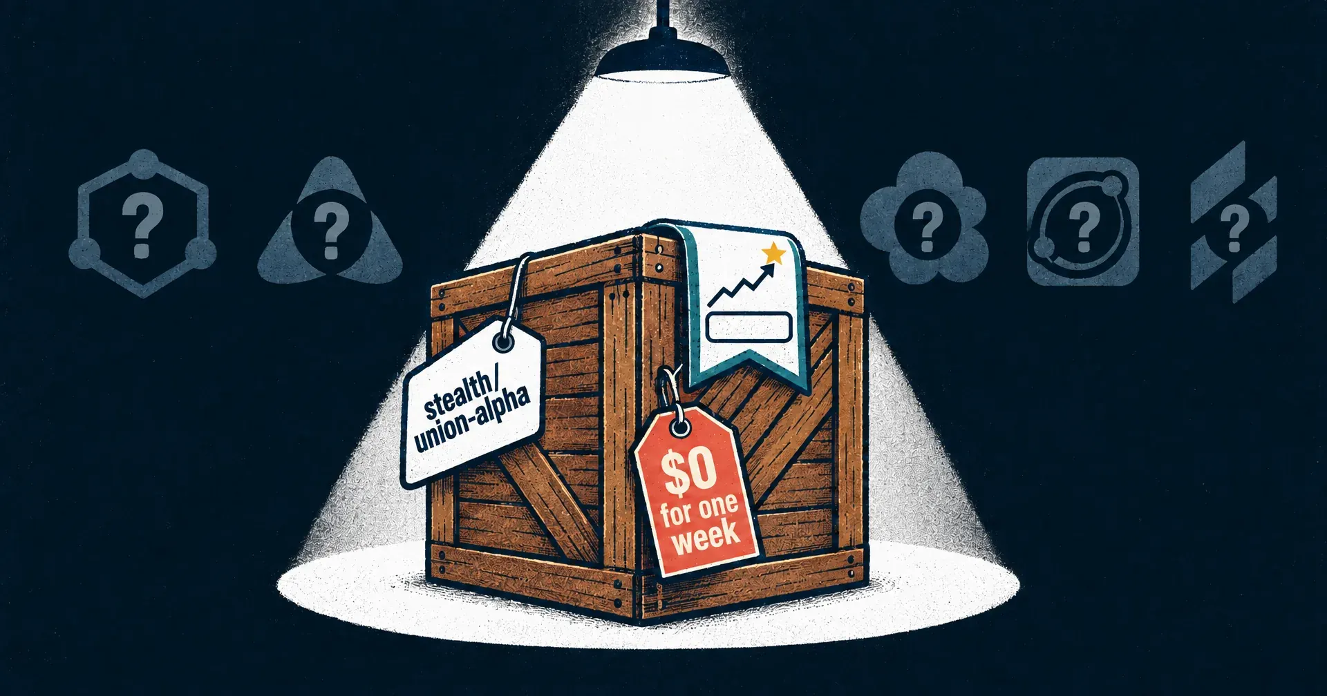 Editorial illustration of an unmarked, sealed crate on a stage under a spotlight, its shipping tag reading stealth/union-alpha, a price tag reading $0 for one week, a benchmark ribbon with a star and no number, and a row of silhouetted lab logos in the dark behind it, each with a question mark.