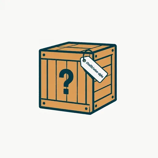 A sealed shipping crate with a hanging tag reading stealth/union-alpha and a stencilled question mark on its side.