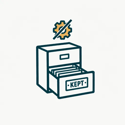 A filing cabinet with one drawer open holding stacked pages, a label on the drawer reading kept, and a crossed-out training icon above it.