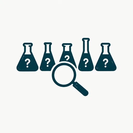 Five silhouetted laboratory flasks in a row, each with a question mark, and one magnifying glass finding no fingerprint.