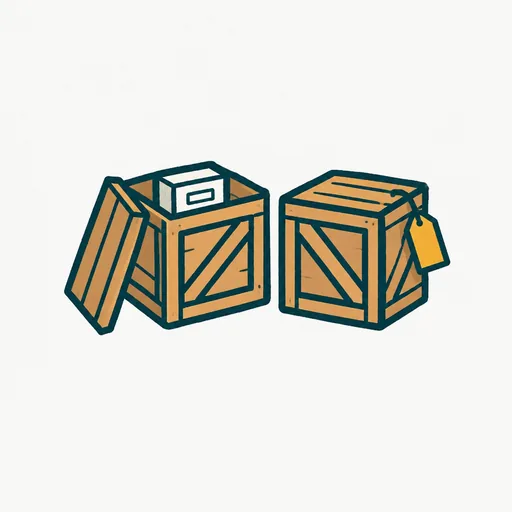 An opened crate from an earlier shipment with a lid leaning against it, revealing a labelled box inside, next to a sealed new crate.