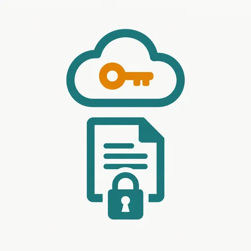 A cloud holding a key above a padlocked document: the key that opens the file lives in the cloud.
