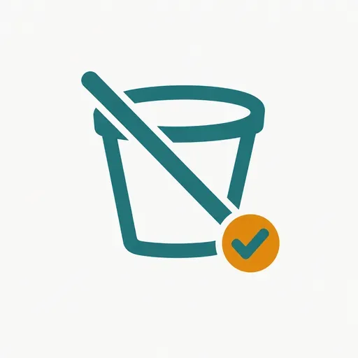 A storage bucket with a diagonal strike and a small check badge: deleted, and confirmed deleted.