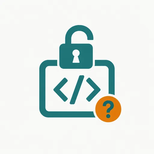 An open padlock on a code-repository symbol with a question-mark badge: open source, with a question left.