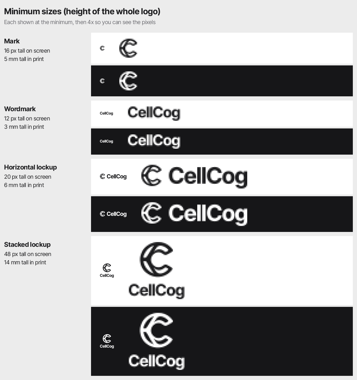 Each logo rendered at its minimum size, true size and enlarged